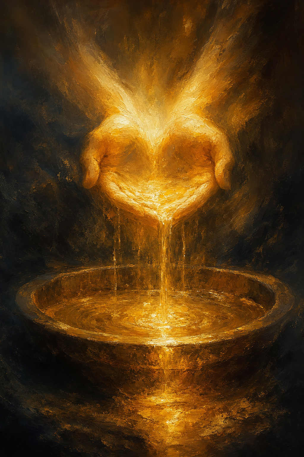 Hands of golden light pouring love into a basin