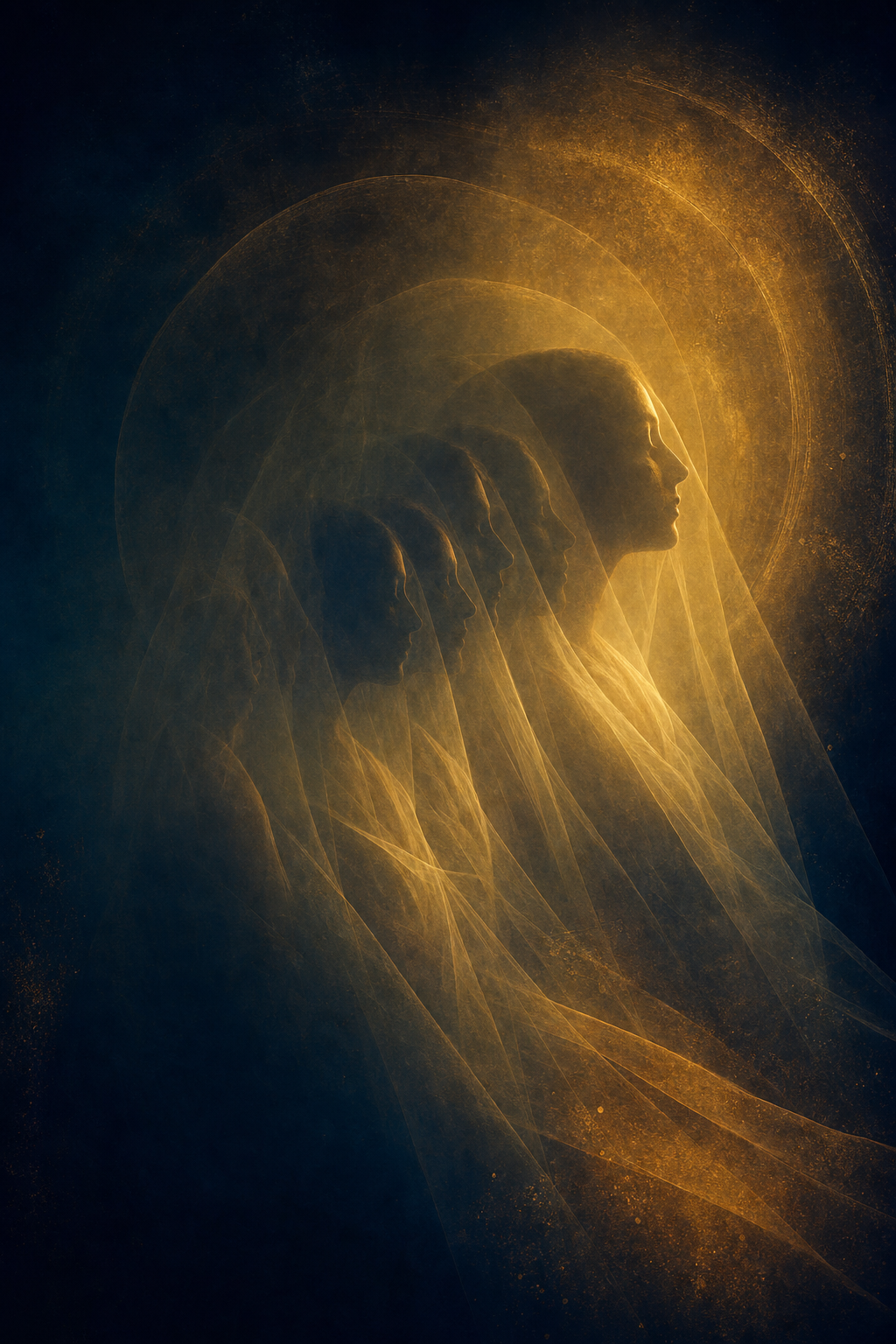 Layered, luminous figures evoking memory across time